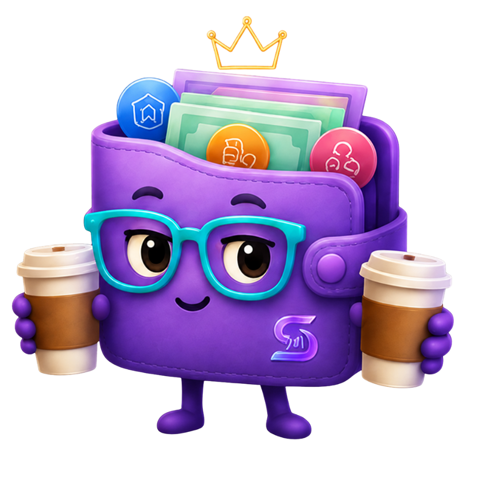 SubScale mascot, a friendly purple wallet wearing glasses and holding two coffee cups